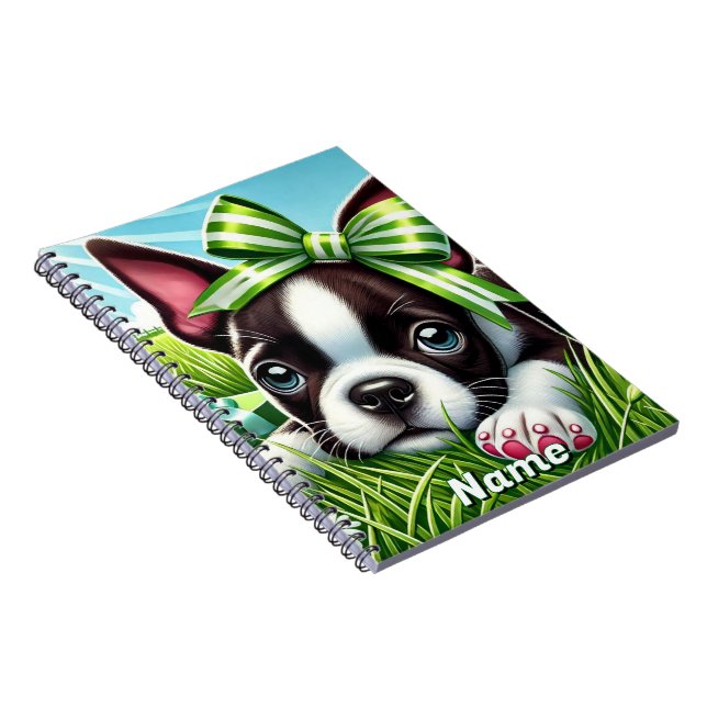 Personalised Boston Terrier Puppy with Green Bow Notebook (Right Side)
