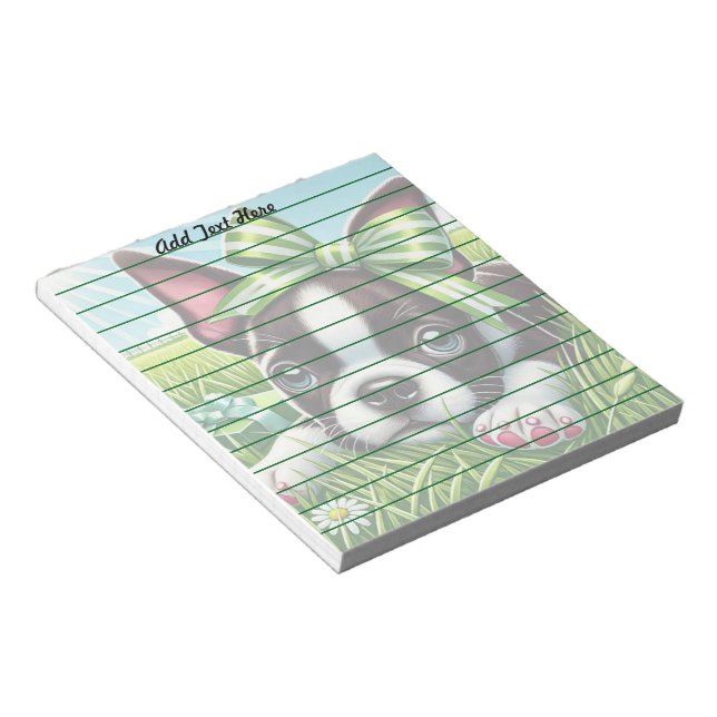 Personalised Boston Terrier Puppy with Green Bow Notepad (Angled)