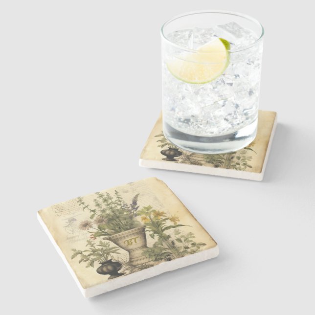 Personalised Botanical Chic Herb Stone Coaster (Side)