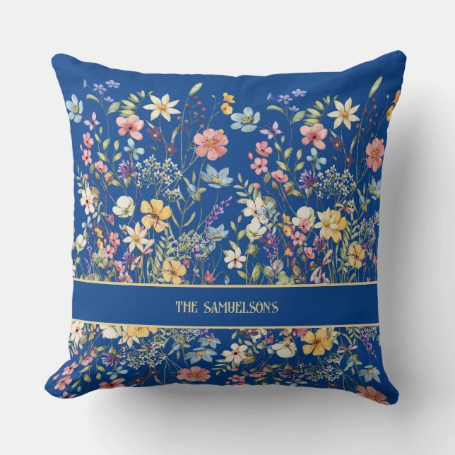 Personalised Botanical Floral Cobalt Blue Cushion (Front)