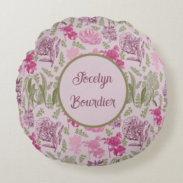 Personalised Botanical Pink Peony Eucalyptus  Round Cushion (Front)