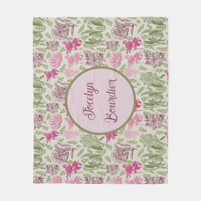 Personalised Botanical Sage Peony Eucalyptus  Fleece Blanket (Front)