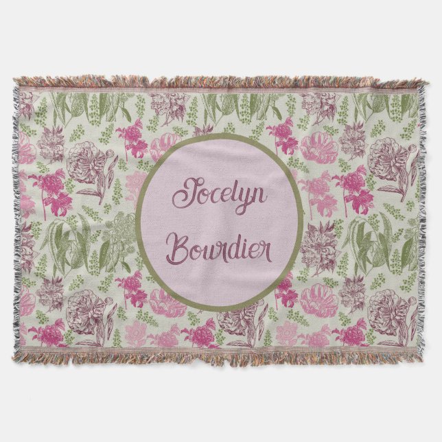 Personalised Botanical Sage Peony Eucalyptus  Throw Blanket (Front)