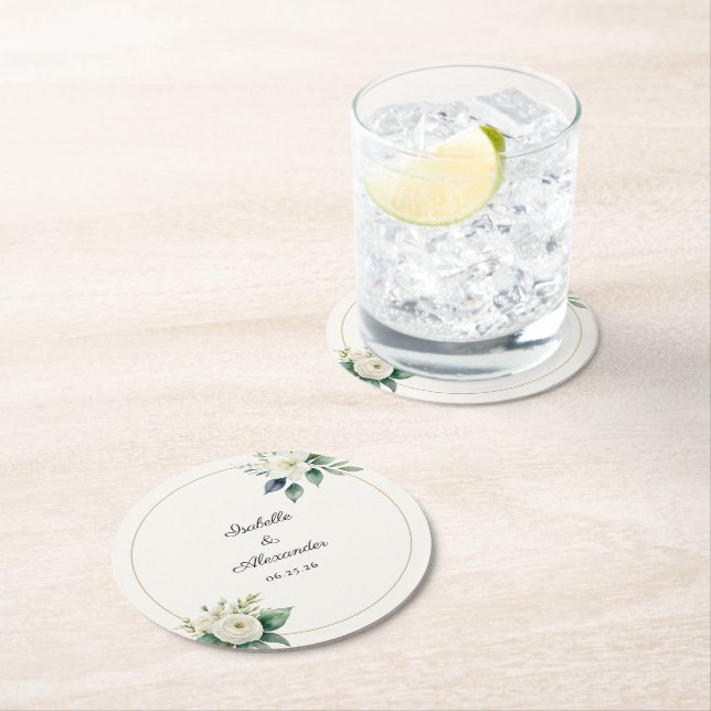 Personalised Botanical White Floral Wedding Round Paper Coaster (Insitu)