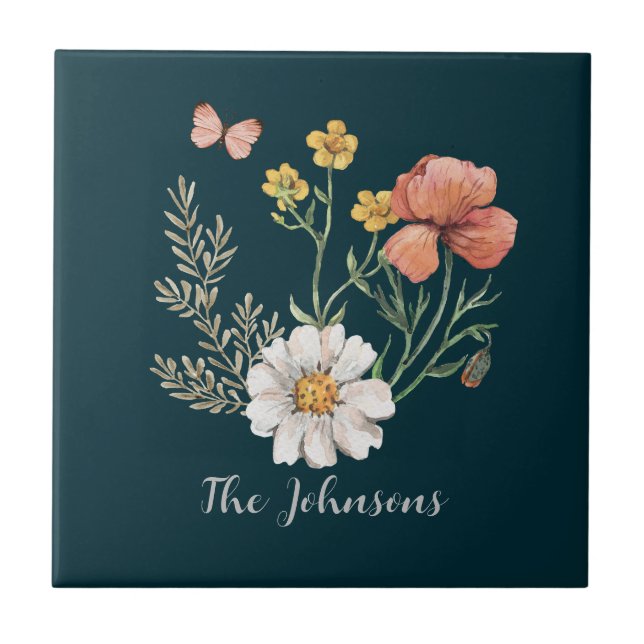 Personalised Botanical Wildflower Flower Boho  Ceramic Tile (Front)