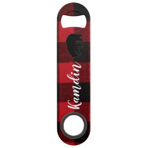 Personalised Bottle Opener Red Buffalo Plaid Bear