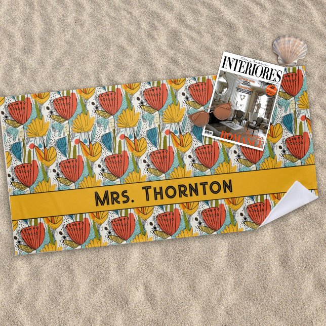 Personalised Bountiful Red and Gold Flower Pattern Beach Towel (Creator Uploaded)