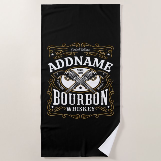 Personalised Bourbon Vintage Guns Whiskey Label Beach Towel (Front)