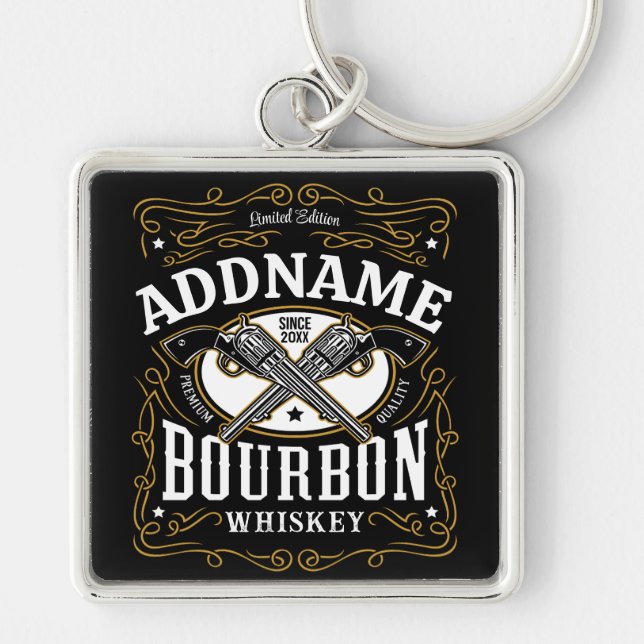 Personalised Bourbon Vintage Guns Whiskey Label Key Ring (Front)