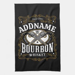 Personalised Bourbon Vintage Guns Whiskey Label Tea Towel