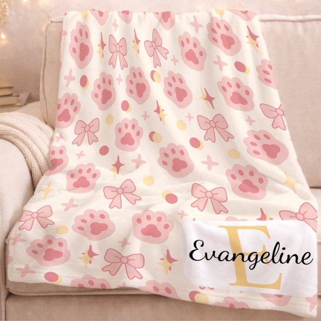 Personalised Bow Aesthetic Pattern Girl Cat Pink Fleece Blanket (Creator Uploaded)
