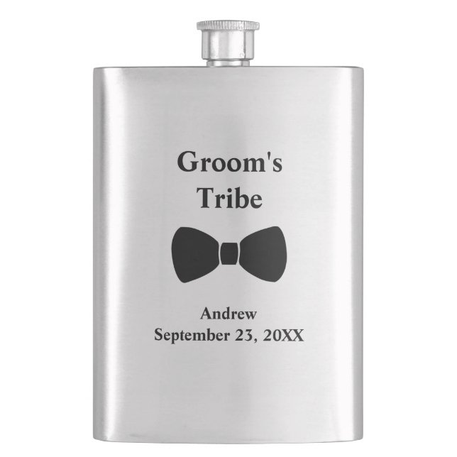 Personalised Bow Tie Groomsmen gift Groom Tribe Hip Flask (Front)