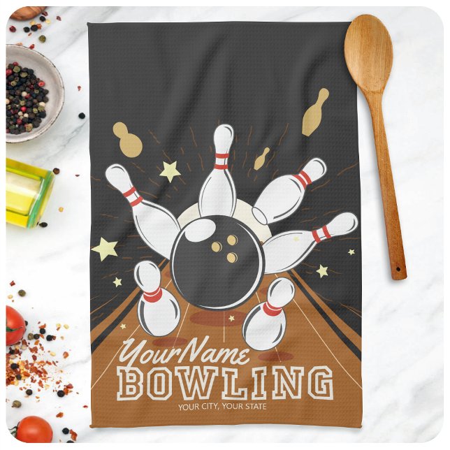Personalised Bowler Strike Bowling Lanes Ball Pins Tea Towel (Creator Uploaded)