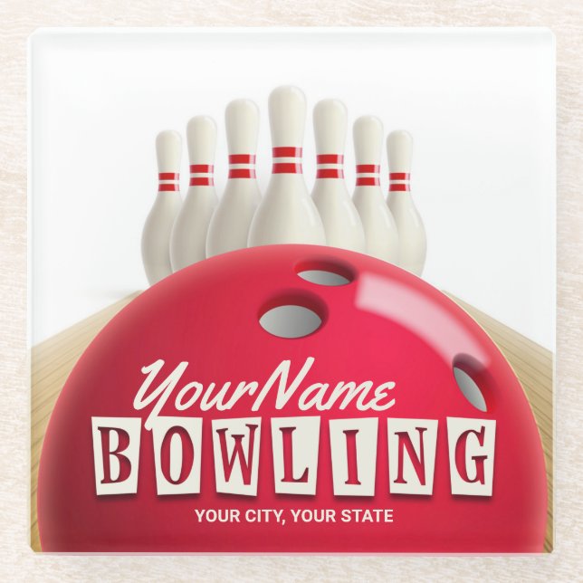Personalised Bowling Ball Lanes Pins Retro League Glass Coaster (Front)