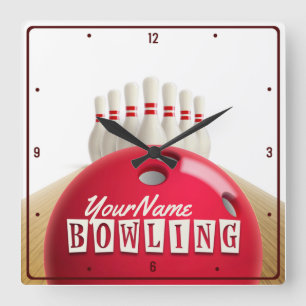 Personalised Bowling Ball Lanes Pins Retro League Square Wall Clock