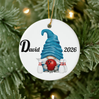 Personalised Bowling Gnome Christmas  Ceramic Ornament