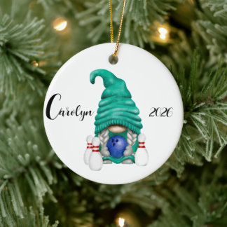 Personalised Bowling Gnome Christmas  Ceramic Ornament