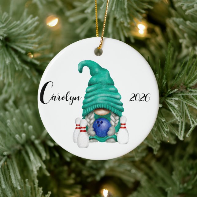 Personalised Bowling Gnome Christmas  Ceramic Ornament (Tree)