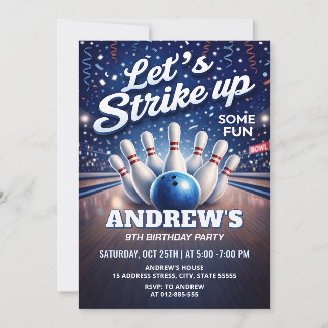 Personalised Bowling Let's Strike Up birthday Invitation (Front)