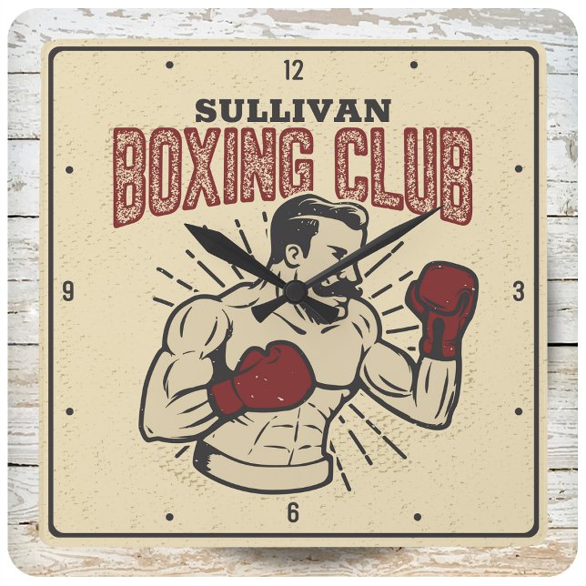 Personalised Boxer Retro Prizefighter Boxing Club Square Wall Clock (Creator Uploaded)