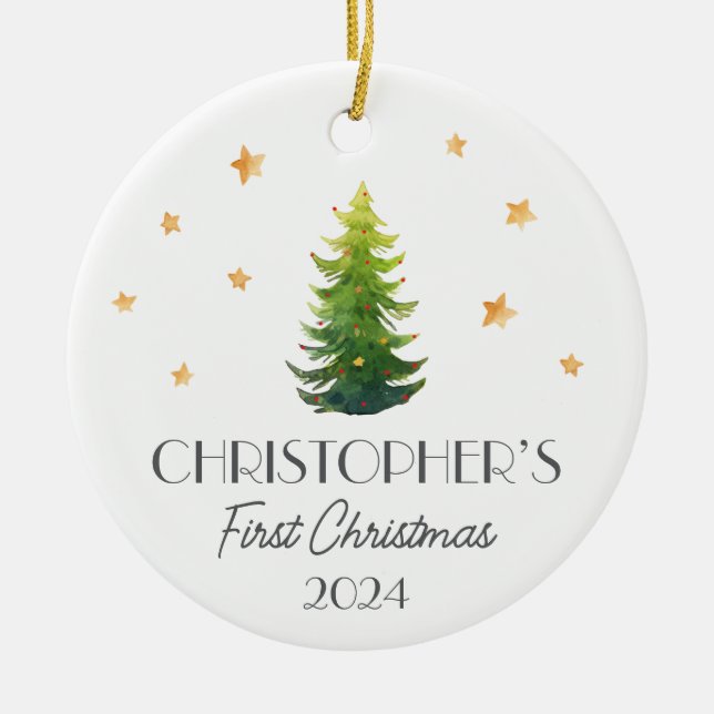 Personalised Boy Baby First Christmas Festive Tree Ceramic Ornament (Front)