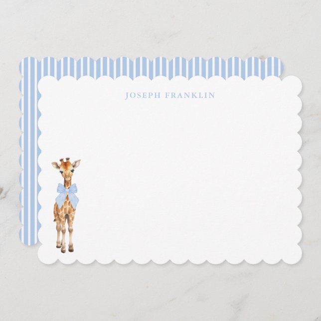 Personalised Boy Baby Shower Note Blue Giraffe  Thank You Card (Front/Back)