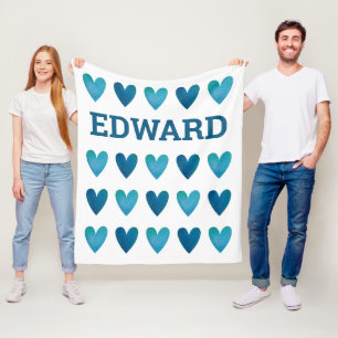 Personalised Boy Blue Hearts Valentines Day Fleece Blanket