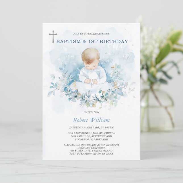 Personalised Boy First Birthday and Baptism Invitation (Standing Front)