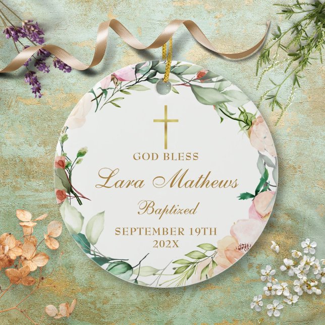 Personalised Boy Girl Baptism Roses Floral Ceramic Ornament (Creator Uploaded)
