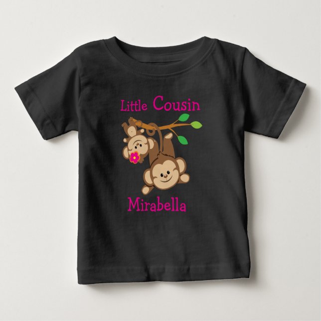Personalised Boy, Girl Monkeys Little Cousin Baby T-Shirt (Front)