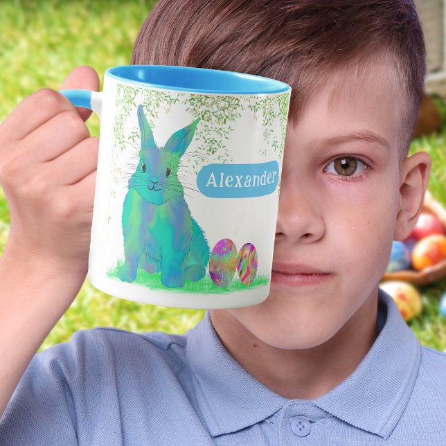 Personalised Boy Name Blue Easter Bunny Egg Hunt Mug (Personalized Boy Name Easter egg hunt brunch spring garden Colorful party mug cute bunny & Eggs)