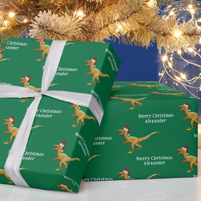 Personalised Boy Name Christmas Dinosaur Raptor Wrapping Paper (Personalized boy name merry Christmas dinosaur green wrapping paper fun Velociraptor in a Santa Hat)