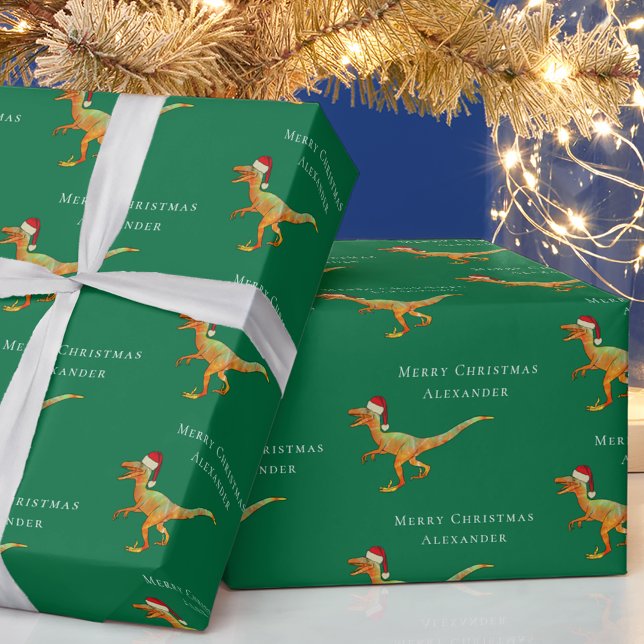 Personalised Boy Name Christmas Dinosaur Raptor Wrapping Paper (Personalized boy name merry Christmas dinosaur raptor green gift wrap Santa Velociraptor dino)