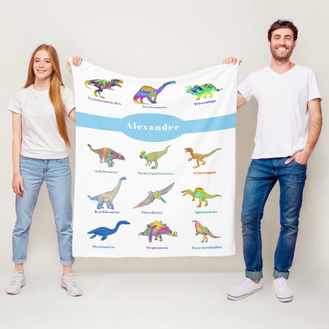 Personalised Boy Name Colourful Dinosaurs Blue Fleece Blanket (In Situ)