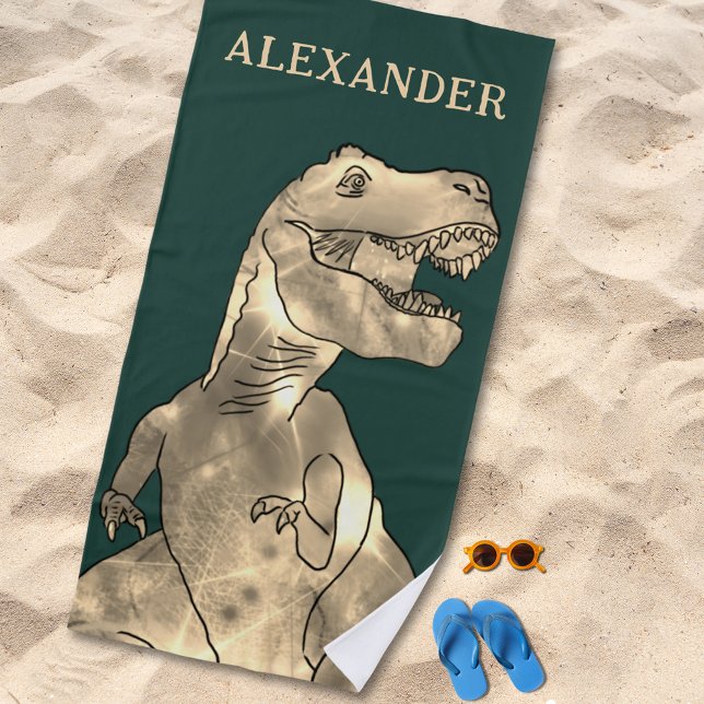 Personalised Boy Name Dinosaur Beach Towel (T-Rex dinosaur boys custom name beach towel for dino lovers)