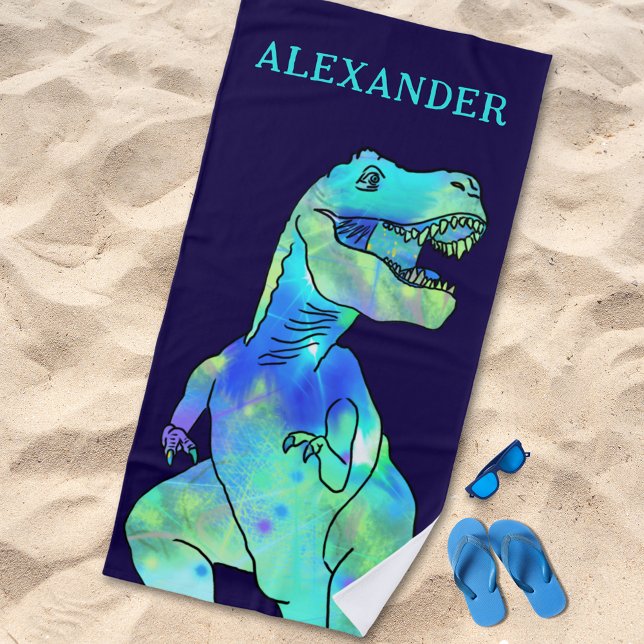 Personalised Boy Name Dinosaur Blue Beach Towel (Personalized boy name dinosaur blue green beach towel psychedelic funky T-Rex dino kids monogram )