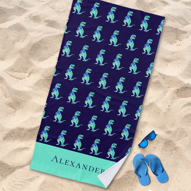Personalised Boy Name Dinosaur Blue Green Beach Towel (Personalized boy name dinosaur blue green beach towel Colorful T-Rex dino pattern modern monogram )