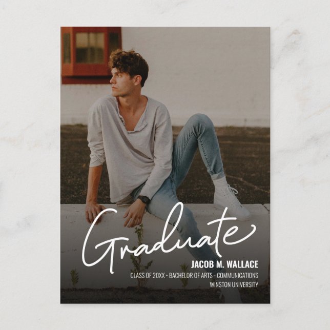 Personalised Boy University Photo Graduate Script Announcement Postcard (Front)