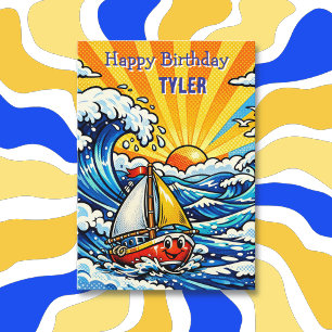 Personalised Boy's Birthday   Sailboat and Shark  Card