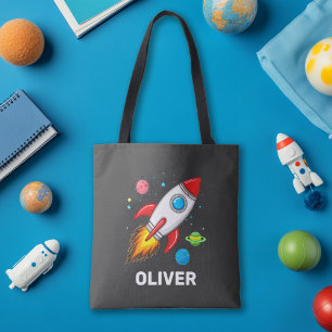 Personalised Boys Cute Rocket Ship Planets Tote Bag