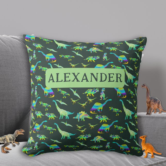 Personalised Boys Dinosaur Green Cushion (Dinosaur pattern personalized boys name dark green and teal Pillow custom dino home decor)