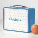 Personalised Boys Kids Name Gold Stars Blue School Metal Lunch Box<br><div class="desc">Create your own custom, personalised, fun teal typography / script / font monogram monogrammed, modern cool chic stylish, faux gold golden stars pattern design background, adorable, durable food safe tin plate, food contact safe interior material, classic style kids girls boys metal school lunch box with collapsible black plastic handles. Simply...</div>