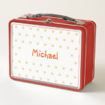 Personalised Boys Kids Name Gold Stars Red School Metal Lunch Box<br><div class="desc">Create your own custom, personalised, fun orange typography / script / font monogram monogrammed, modern cool chic stylish, faux gold golden stars pattern design background, adorable, durable food safe tin plate, food contact safe interior material, classic style kids girls boys metal school lunch box with collapsible black plastic handles. Simply...</div>
