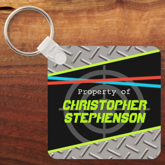 Personalised Boys Laser Tag Theme Name ID Keychain (Front)