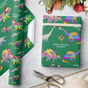 Personalised Boys Name Christmas Dinosaurs Wrapping Paper