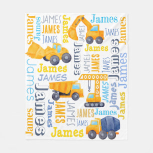 Personalised boys name construction trucks collage fleece blanket