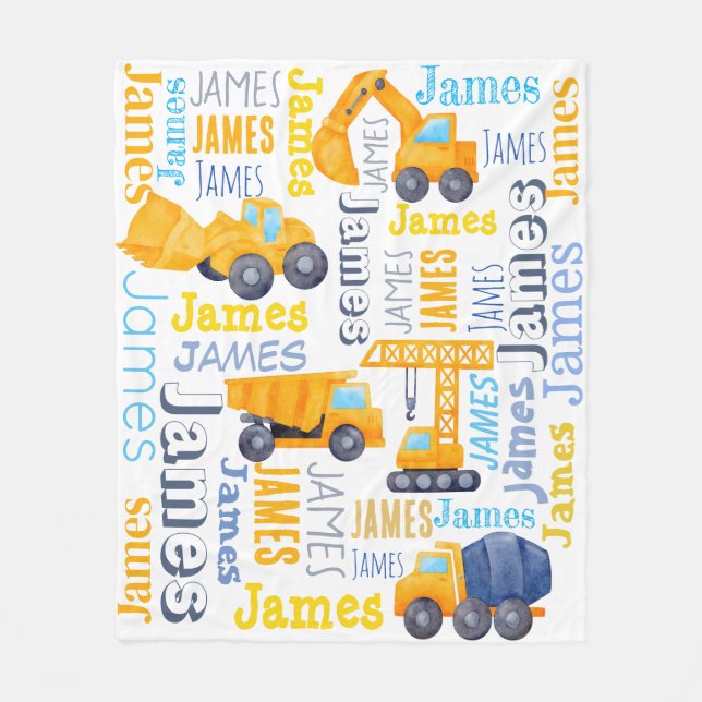 Personalised boys name construction trucks collage fleece blanket (Front)