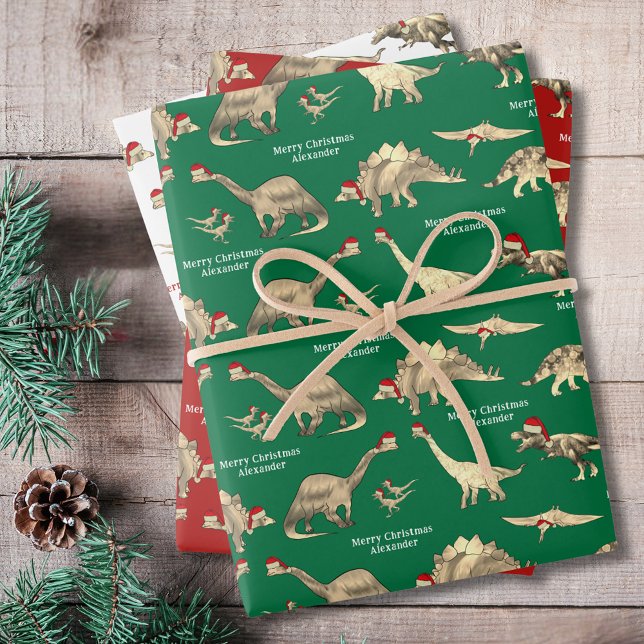 Personalised Boys Name Cute Christmas Dinosaurs Wrapping Paper Sheet (Personalized boys name merry christmas dinosaurs green red and white wrapping paper)
