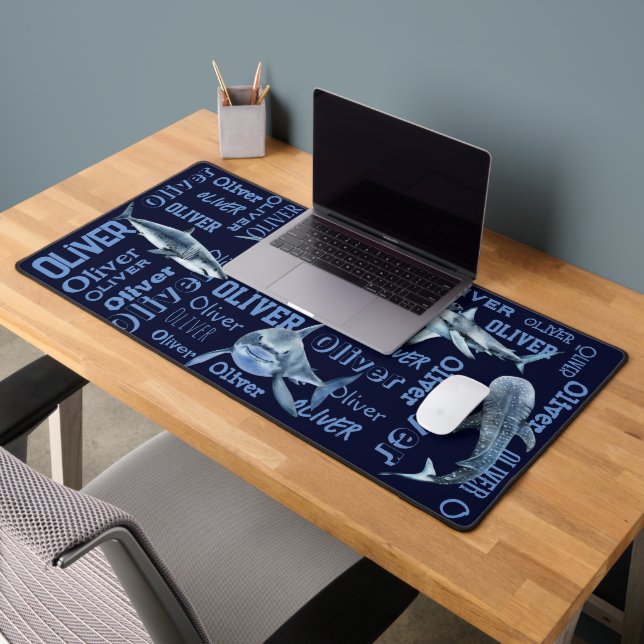 Personalised boys name sharks collage desk mat (Office 2)
