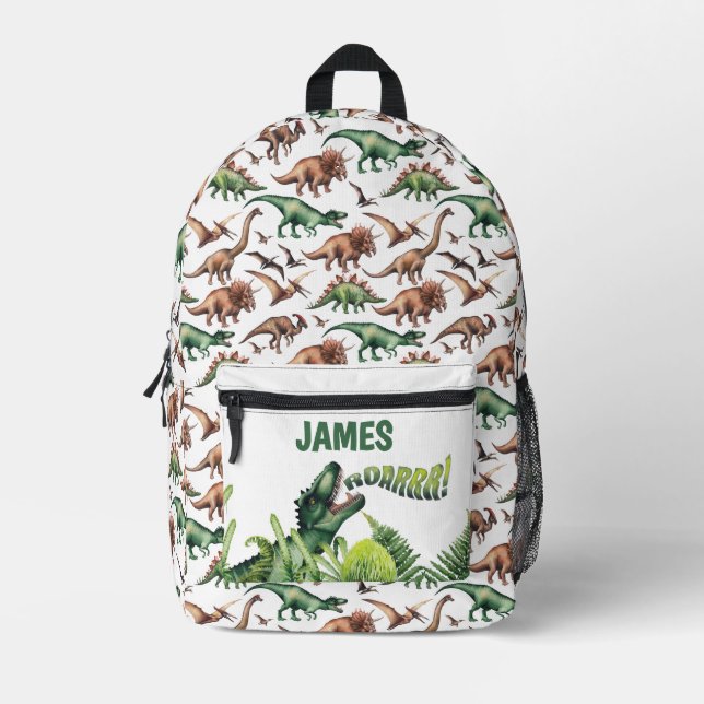 Personalised Boy's Name T-Rex Dinosaurs Printed Backpack (Front)